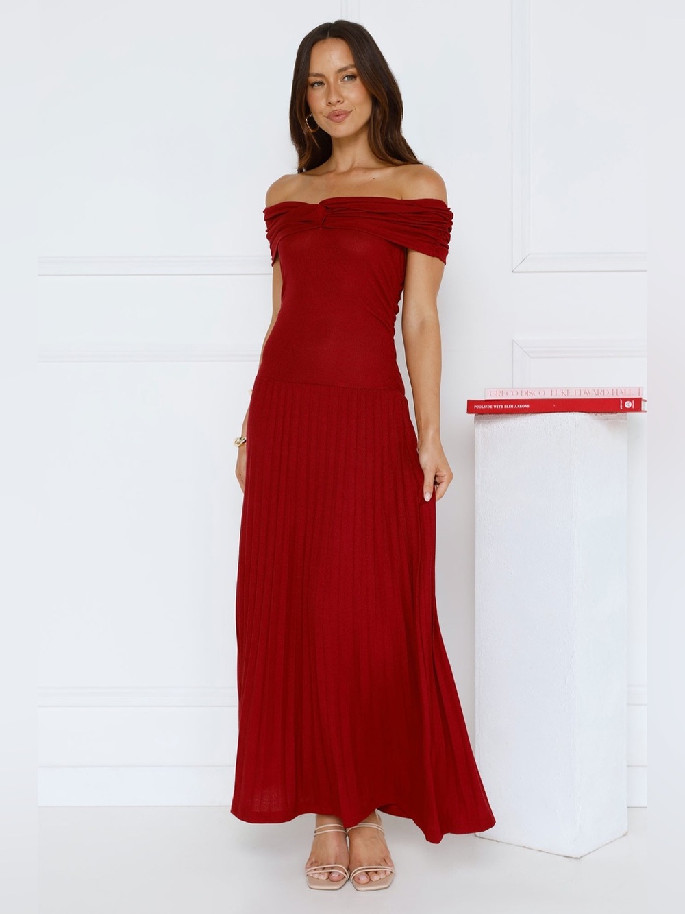 NWT Hello Molly NIKITA OFF SHOULDER RIBBED MAXI DRESS RED formal gown SZ S US 4